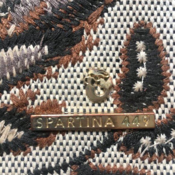 SPARTINA 449 Cordelia Clutch Tan Linen Black Leather Brown Embroidery Fringe - Picture 8 of 8